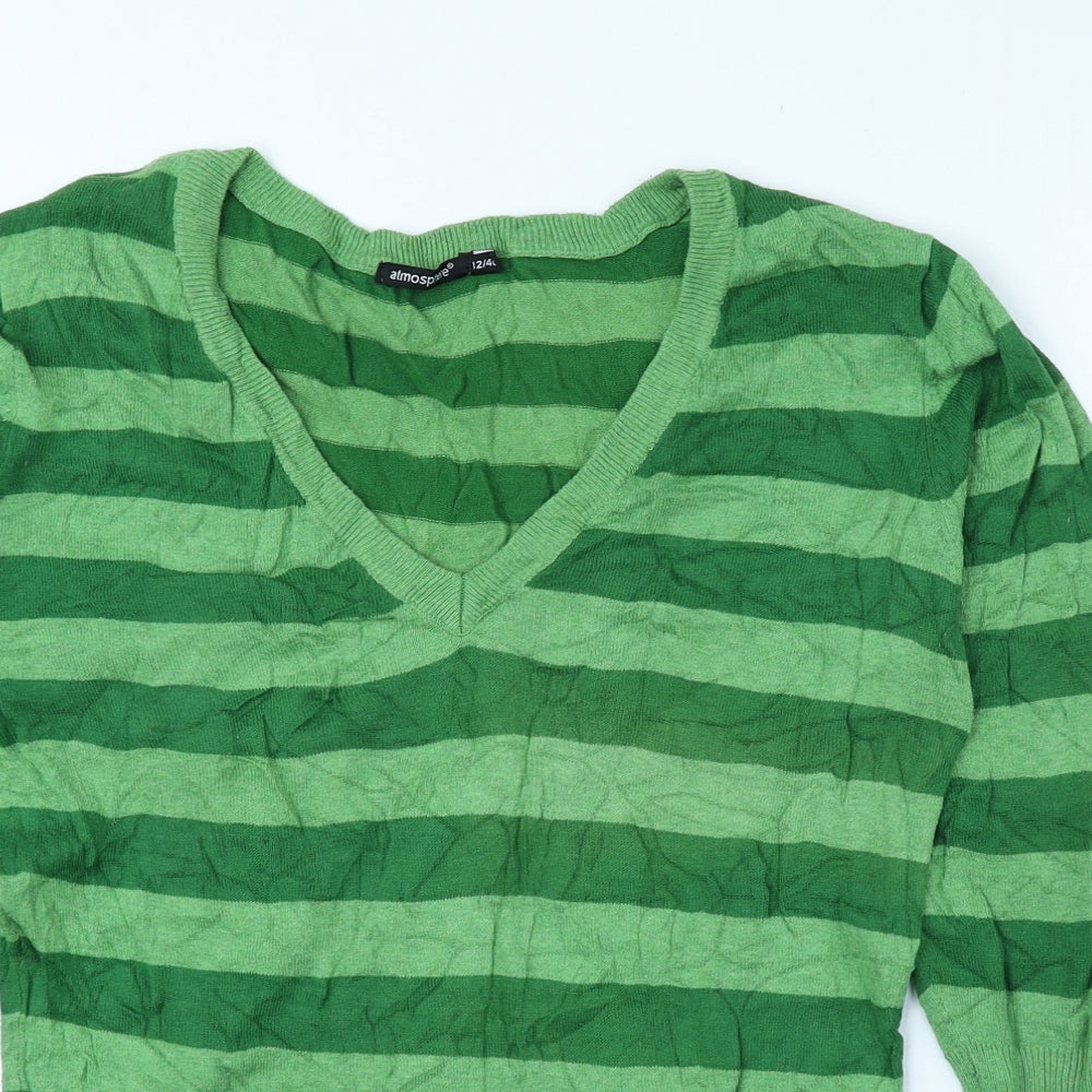 Atmosphere Womens Green V-Neck Striped Cotton Pullover Jumper Size 12