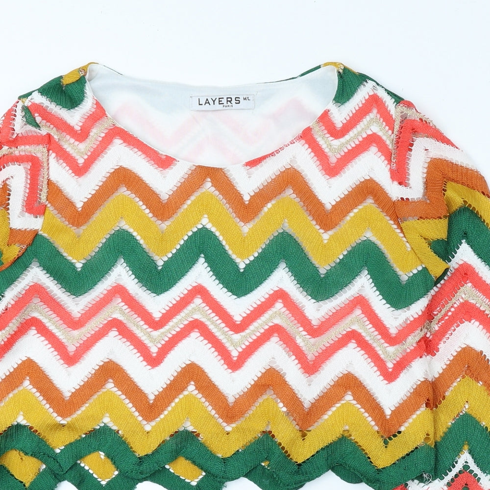 Layers Womens Multicoloured Geometric Polyester Cropped Blouse Size M Round Neck