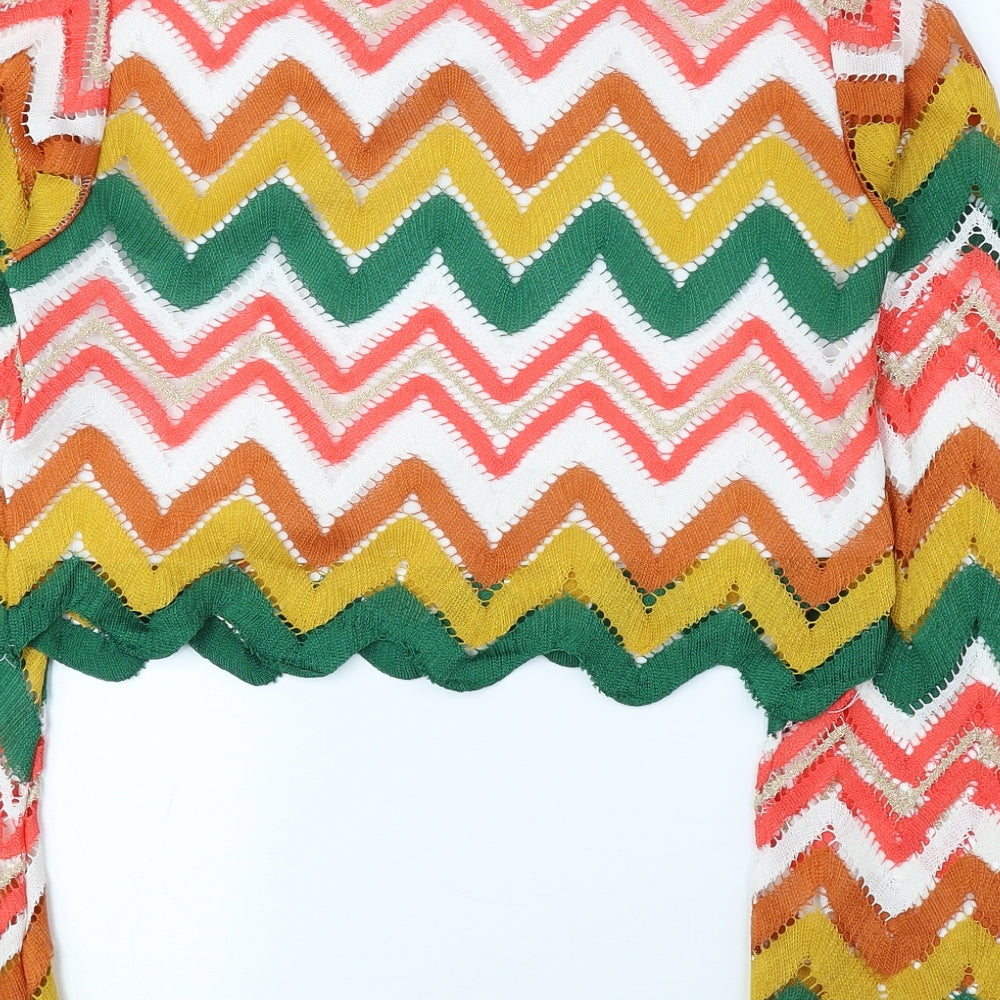 Layers Womens Multicoloured Geometric Polyester Cropped Blouse Size M Round Neck