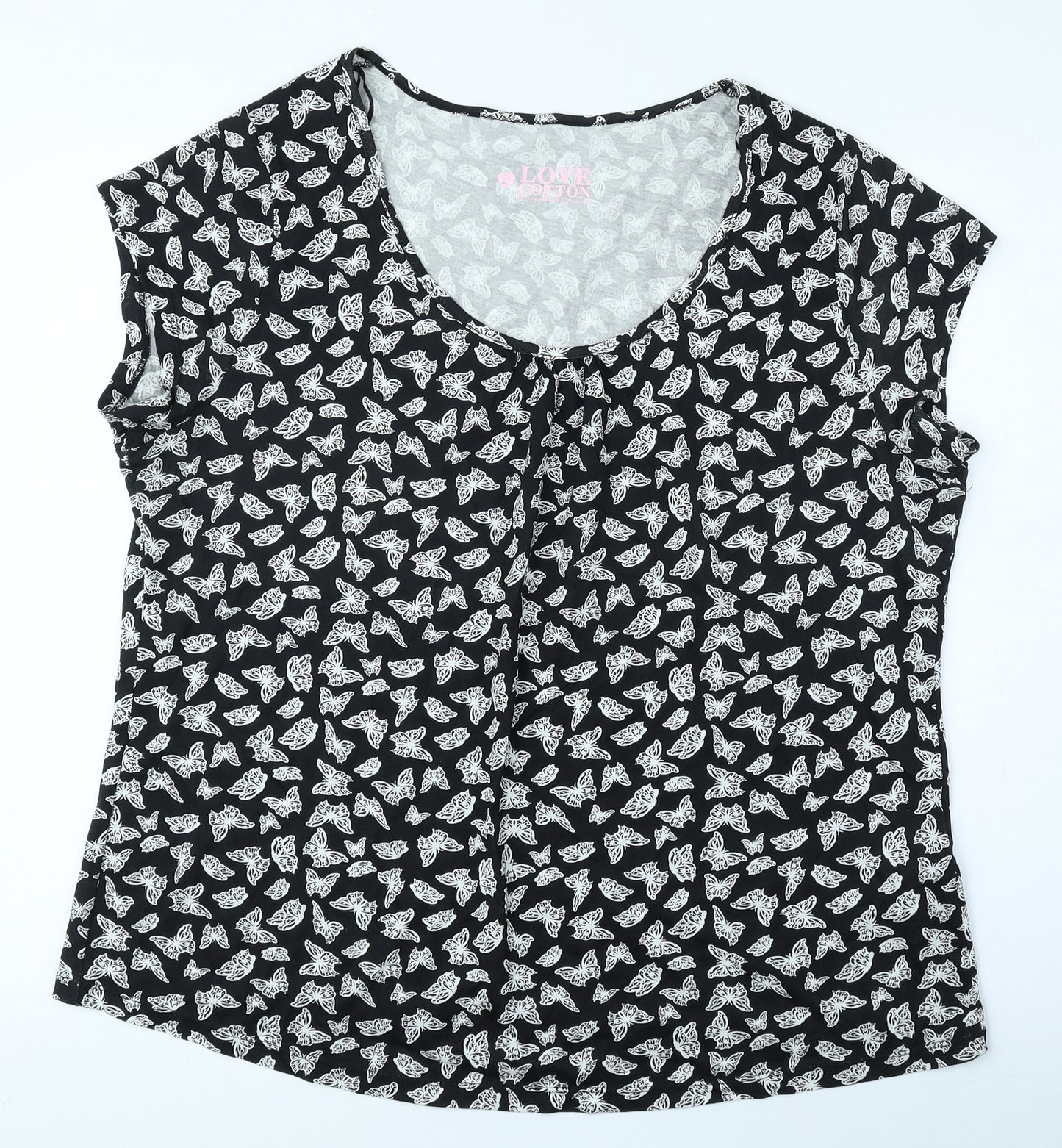 BHS Womens Black Geometric 100% Cotton Basic Blouse Size 20 Scoop Neck