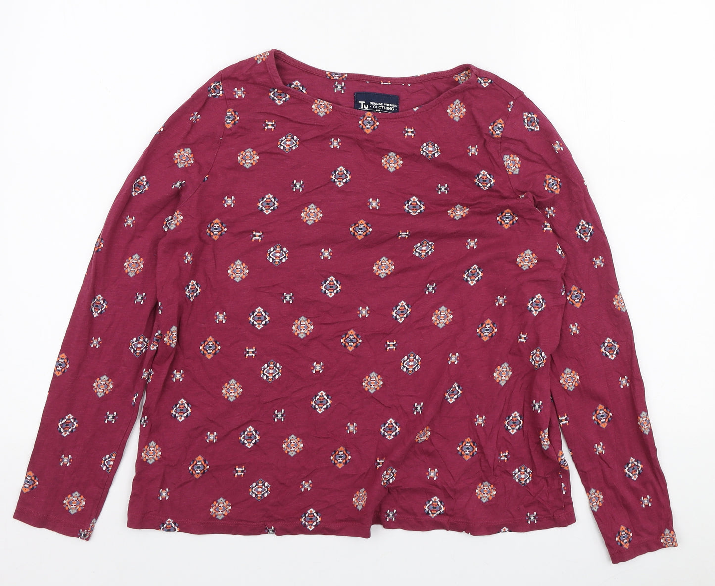 TU Womens Pink Geometric Cotton Basic T-Shirt Size 12 Boat Neck
