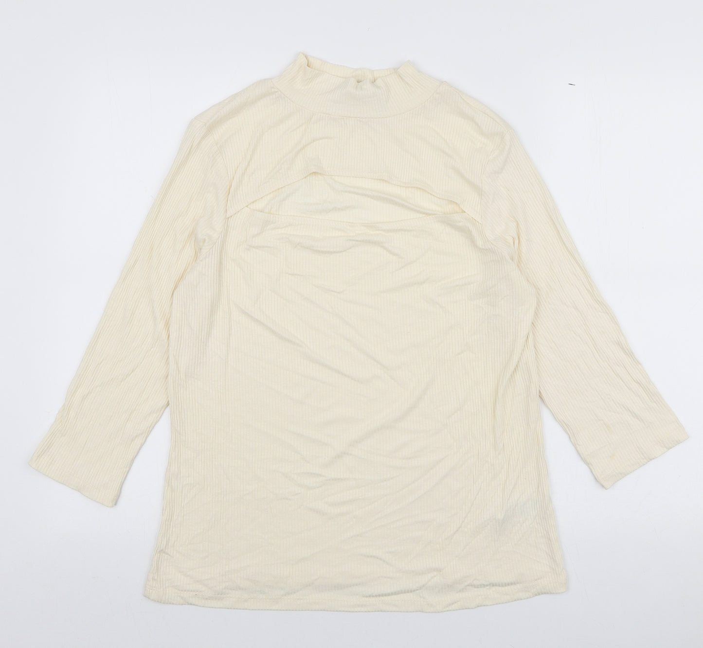 F&F Womens Ivory Viscose Basic T-Shirt Size 14 Mock Neck - Ribbed & Cut Out