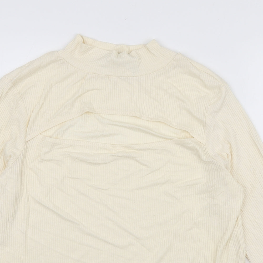 F&F Womens Ivory Viscose Basic T-Shirt Size 14 Mock Neck - Ribbed & Cut Out