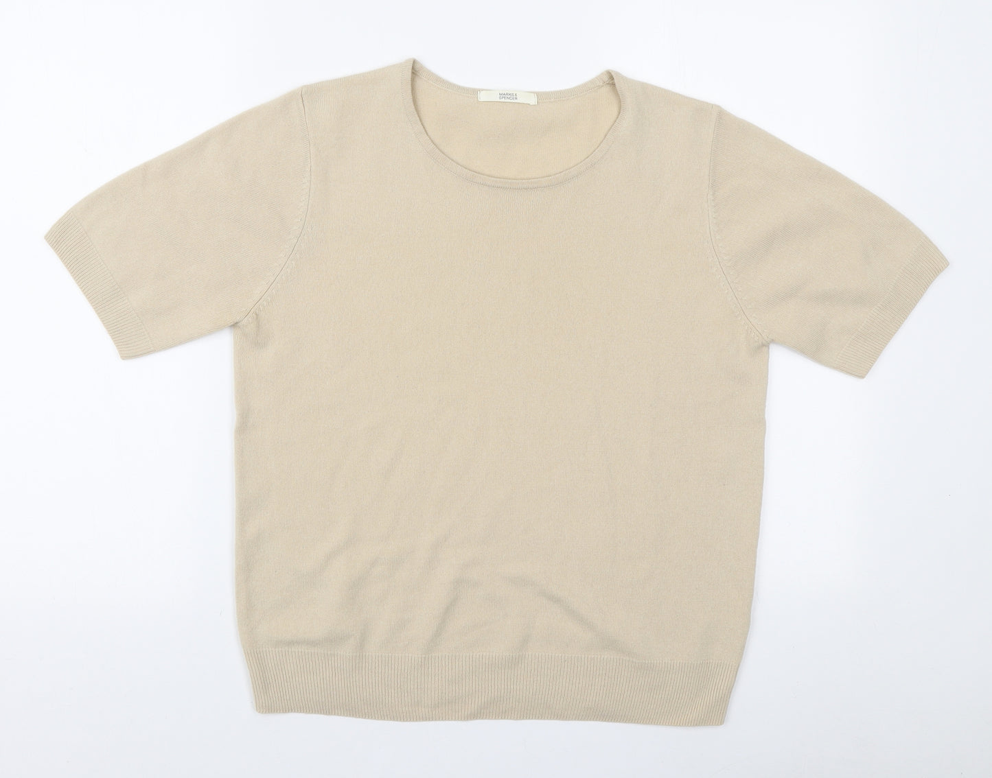 Marks and Spencer Womens Beige Acrylic Basic T-Shirt Size 16 Round Neck
