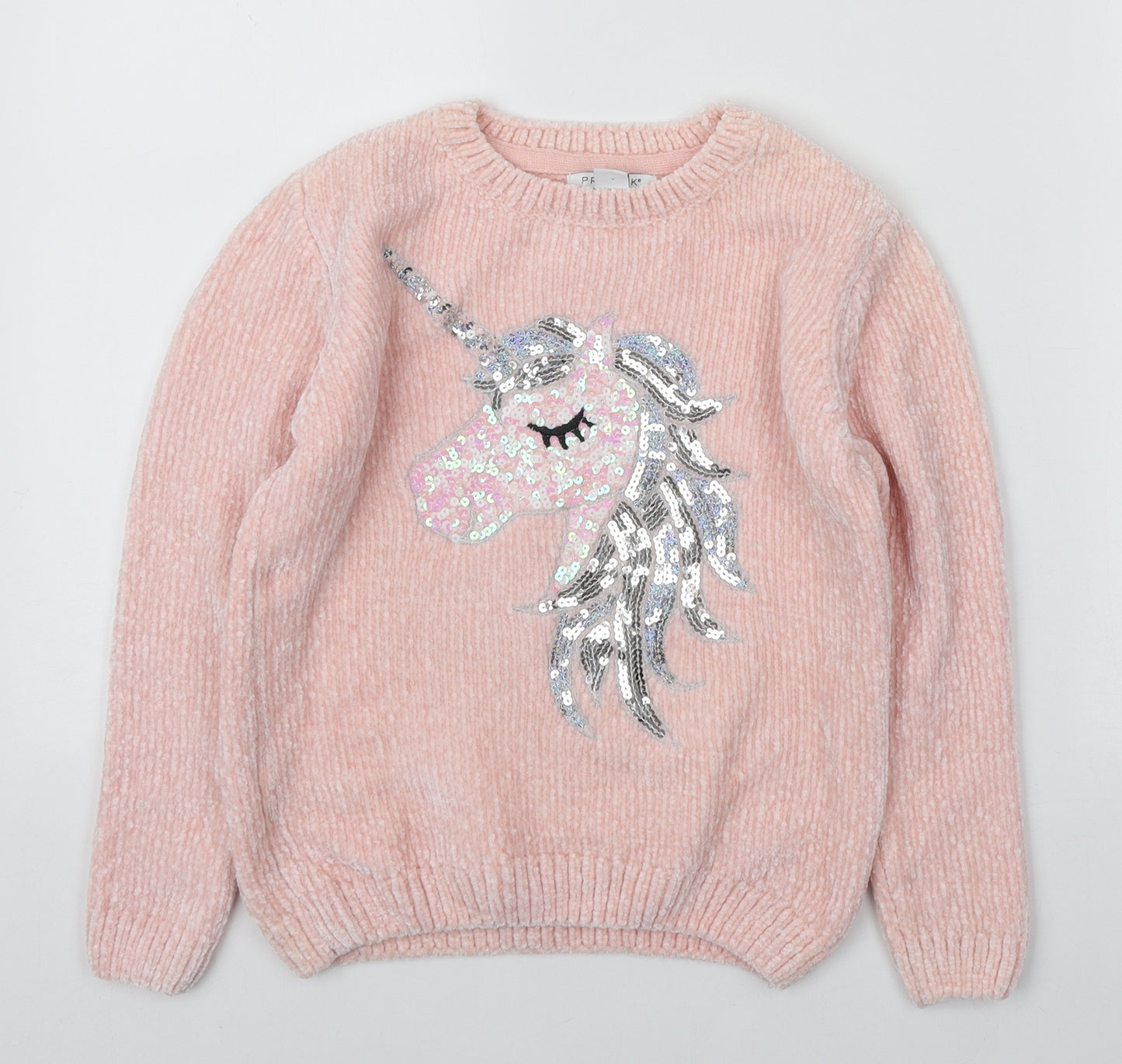 Primark Girls Pink Round Neck Polyester Pullover Jumper Size 8-9 Years Pullover - Sequin unicorn