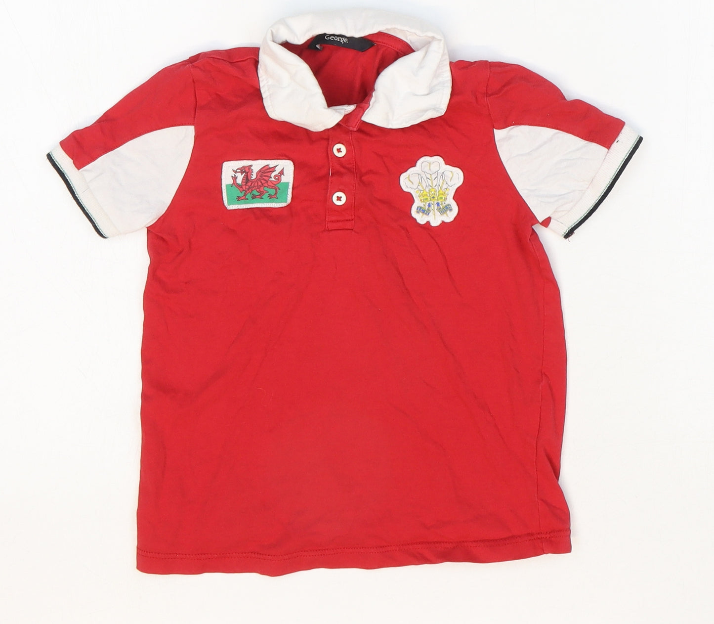George Boys Red Cotton Basic T-Shirt Size 5-6 Years Collared Button - Welsh Rubgy