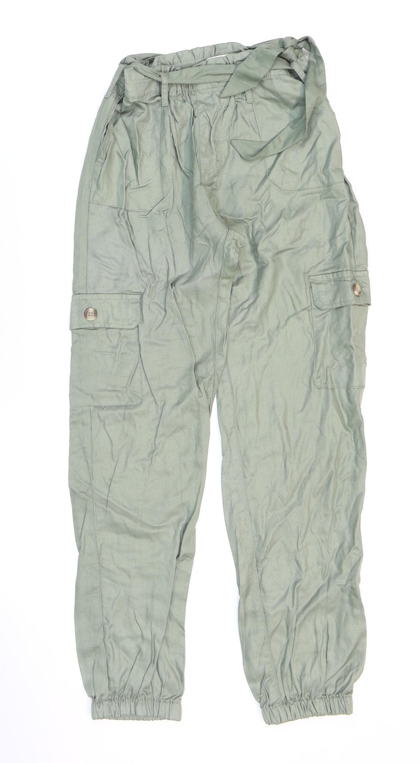 H&M Girls Green Viscose Cargo Trousers Size 9-10 Years Regular Drawstring