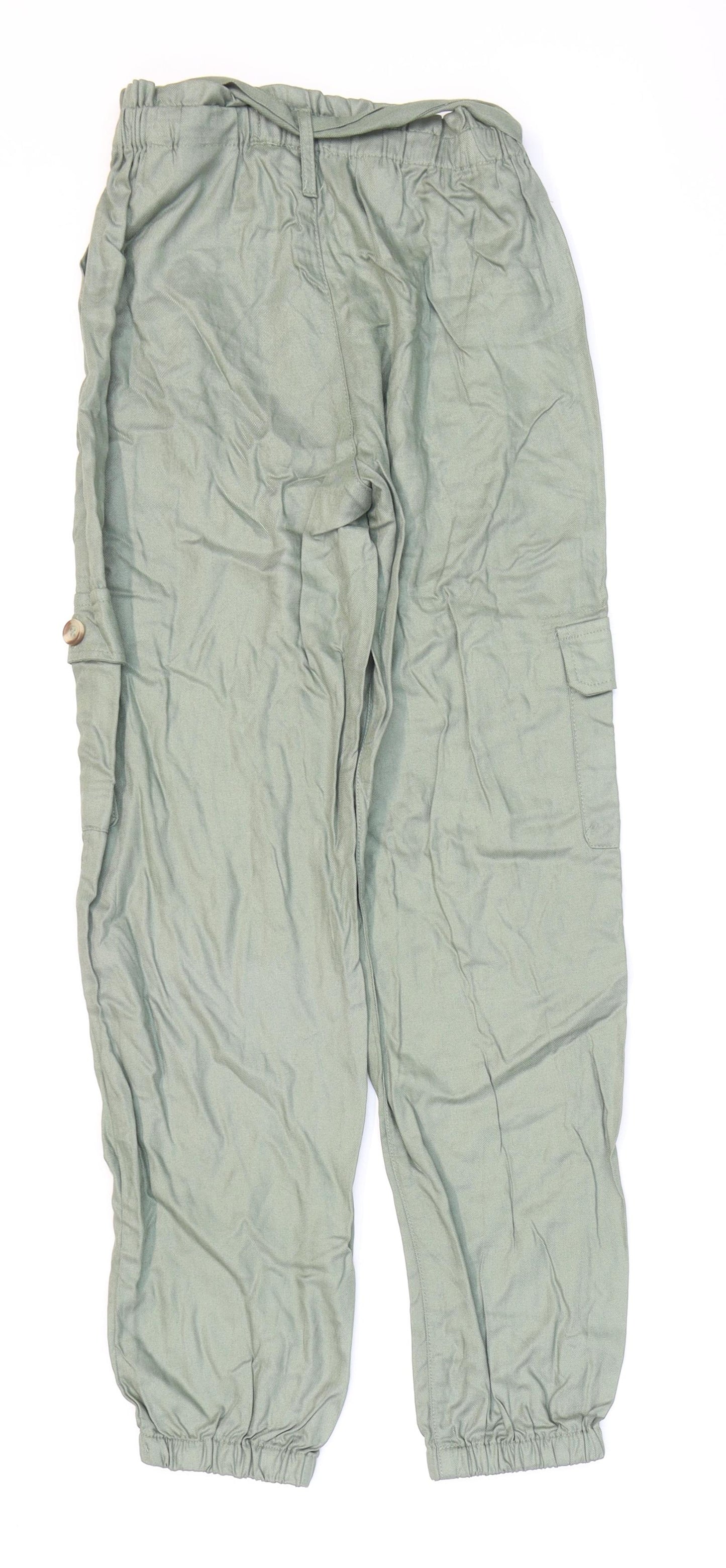 H&M Girls Green Viscose Cargo Trousers Size 9-10 Years Regular Drawstring