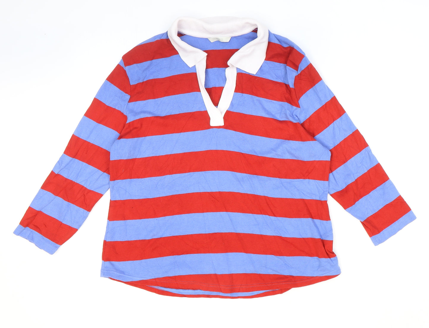 Marks and Spencer Womens Red Striped 100% Cotton Basic Polo Size 18 Collared