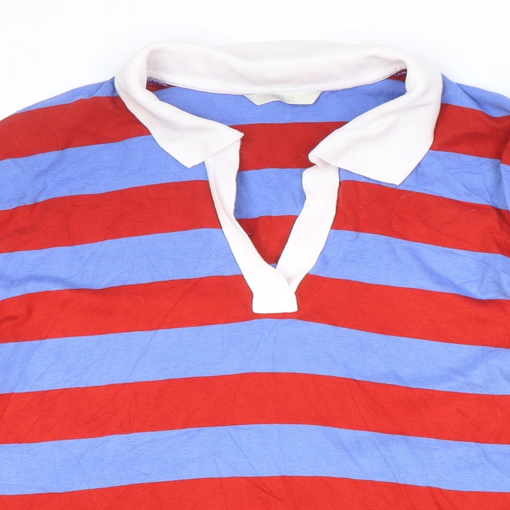 Marks and Spencer Womens Red Striped 100% Cotton Basic Polo Size 18 Collared