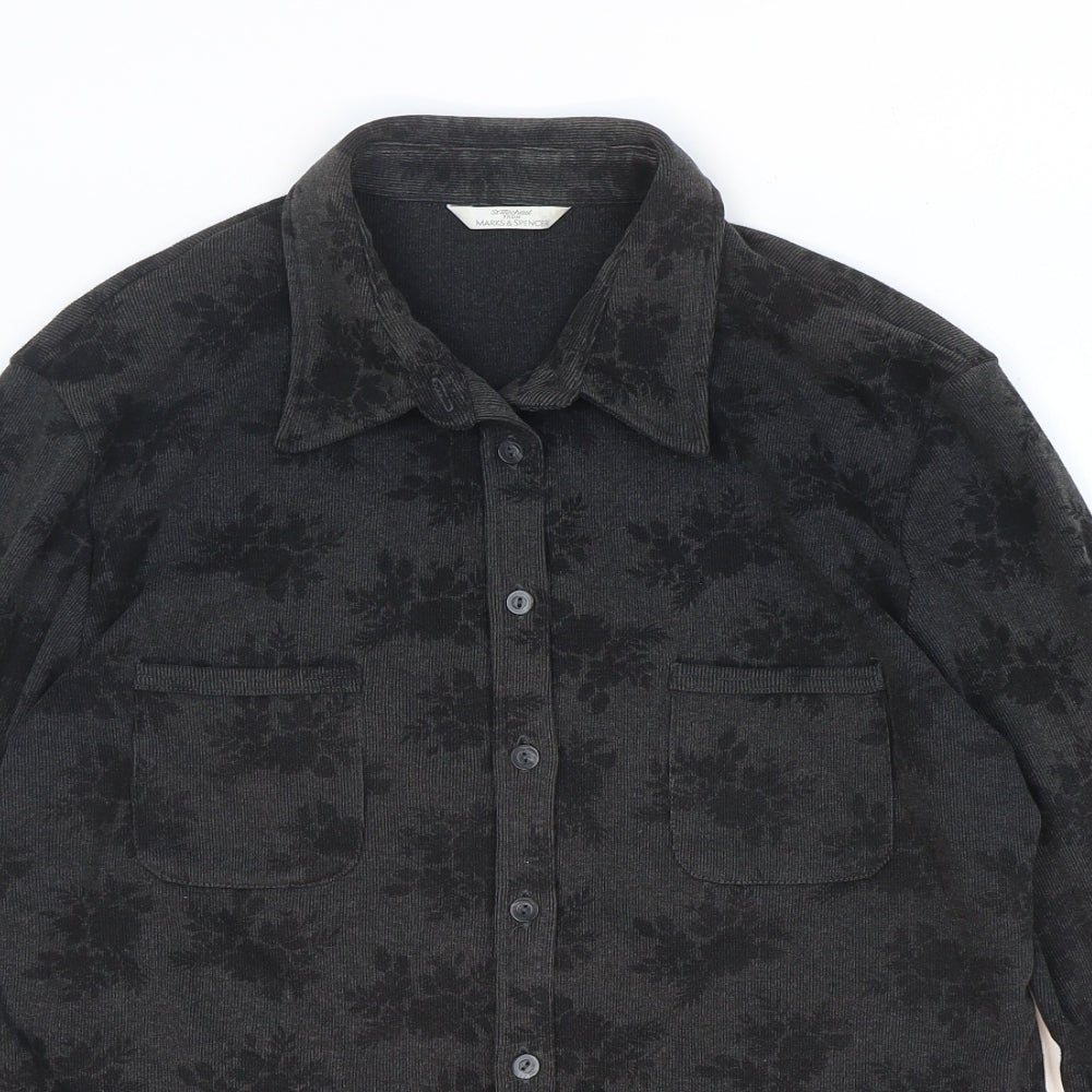 St Michael Womens Black Floral Cotton Basic Button-Up Size 16 Collared