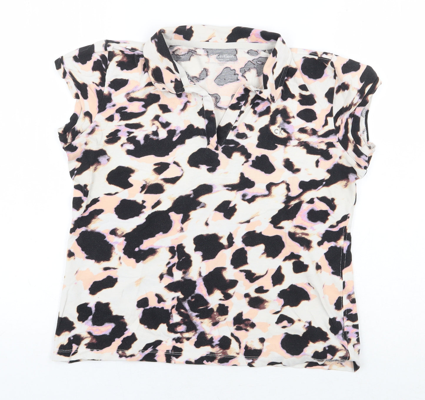 Calvin Klein Womens Multicoloured Animal Print Cotton Basic Polo Size M Collared