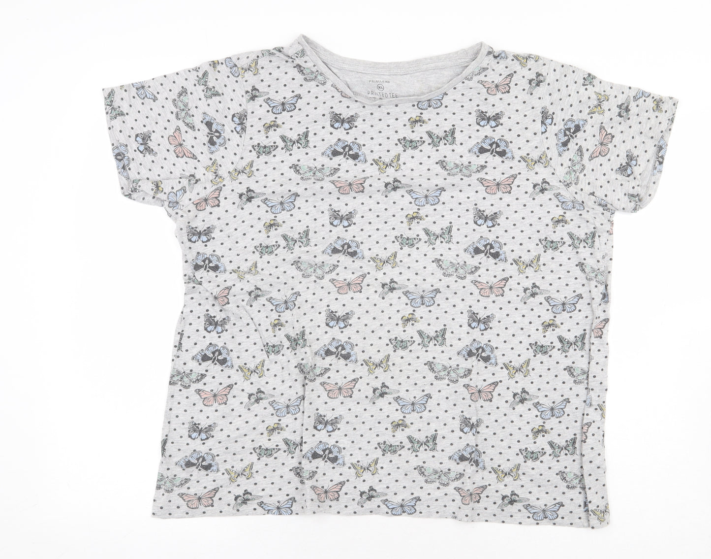 Primark Womens Grey Geometric Cotton Basic T-Shirt Size XL Round Neck - Butterflies