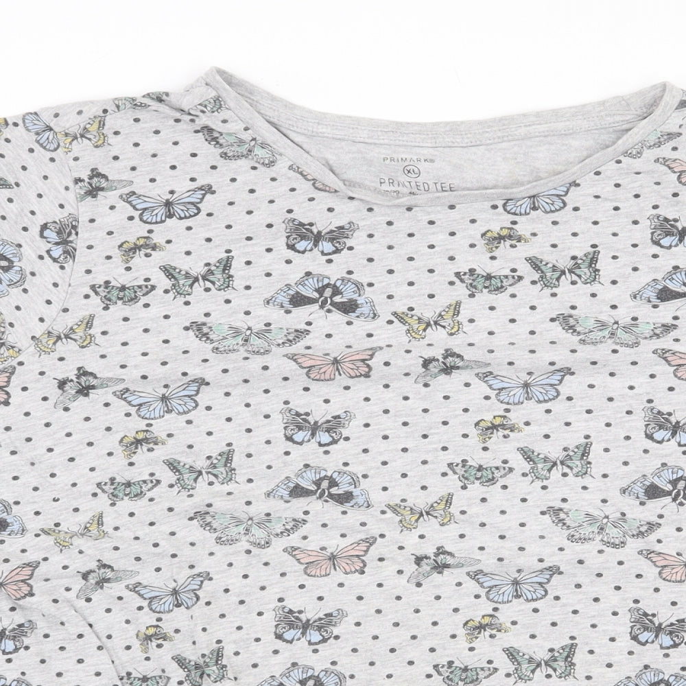Primark Womens Grey Geometric Cotton Basic T-Shirt Size XL Round Neck - Butterflies