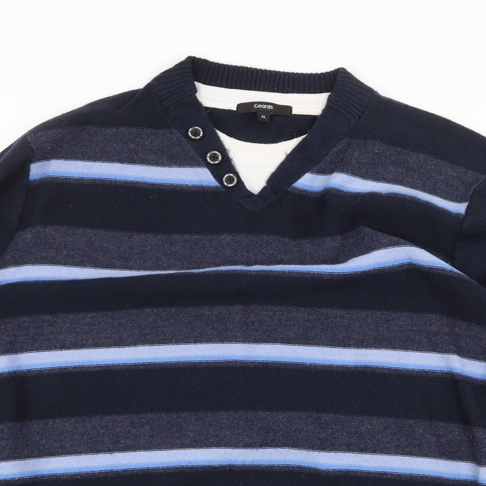 George Mens Blue Striped Acrylic Pullover Sweatshirt Size XL