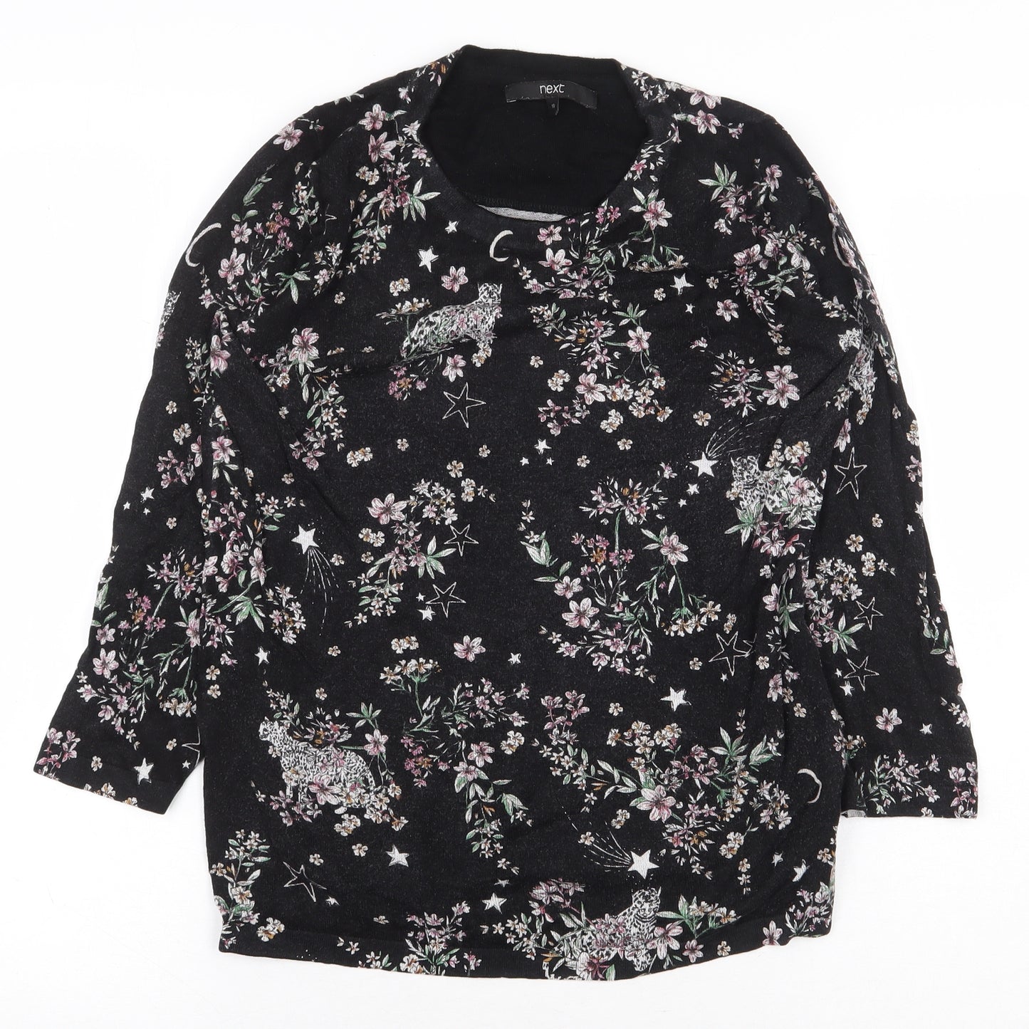 NEXT Womens Black Floral Viscose Basic T-Shirt Size 10 Round Neck