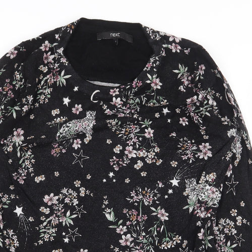 NEXT Womens Black Floral Viscose Basic T-Shirt Size 10 Round Neck