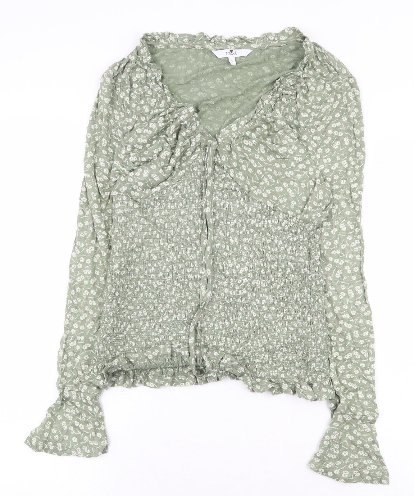 NEXT Womens Green Floral Viscose Basic T-Shirt Size 8 V-Neck - Tie Front