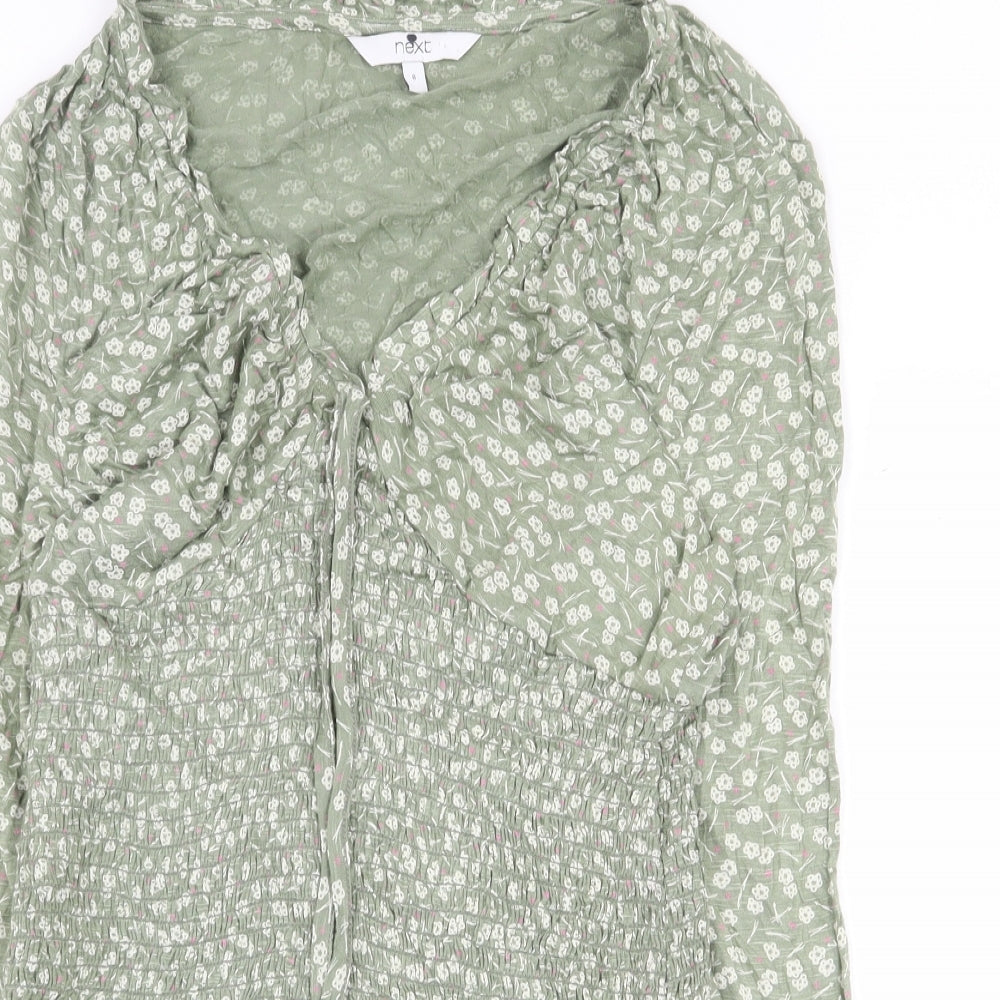 NEXT Womens Green Floral Viscose Basic T-Shirt Size 8 V-Neck - Tie Front