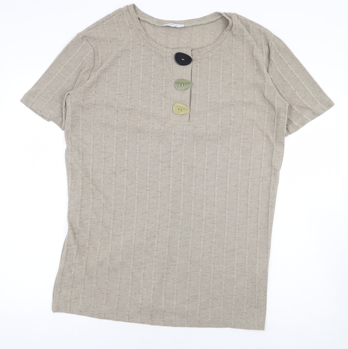 Zara Womens Beige Polyester Basic Blouse Size L Scoop Neck