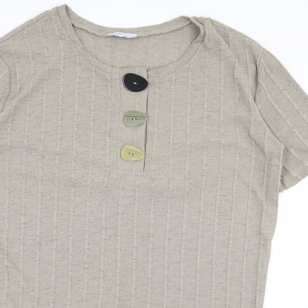 Zara Womens Beige Polyester Basic Blouse Size L Scoop Neck