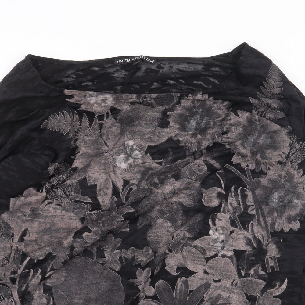 Marks and Spencer Womens Black Floral Polyester Basic Blouse Size 14 Scoop Neck