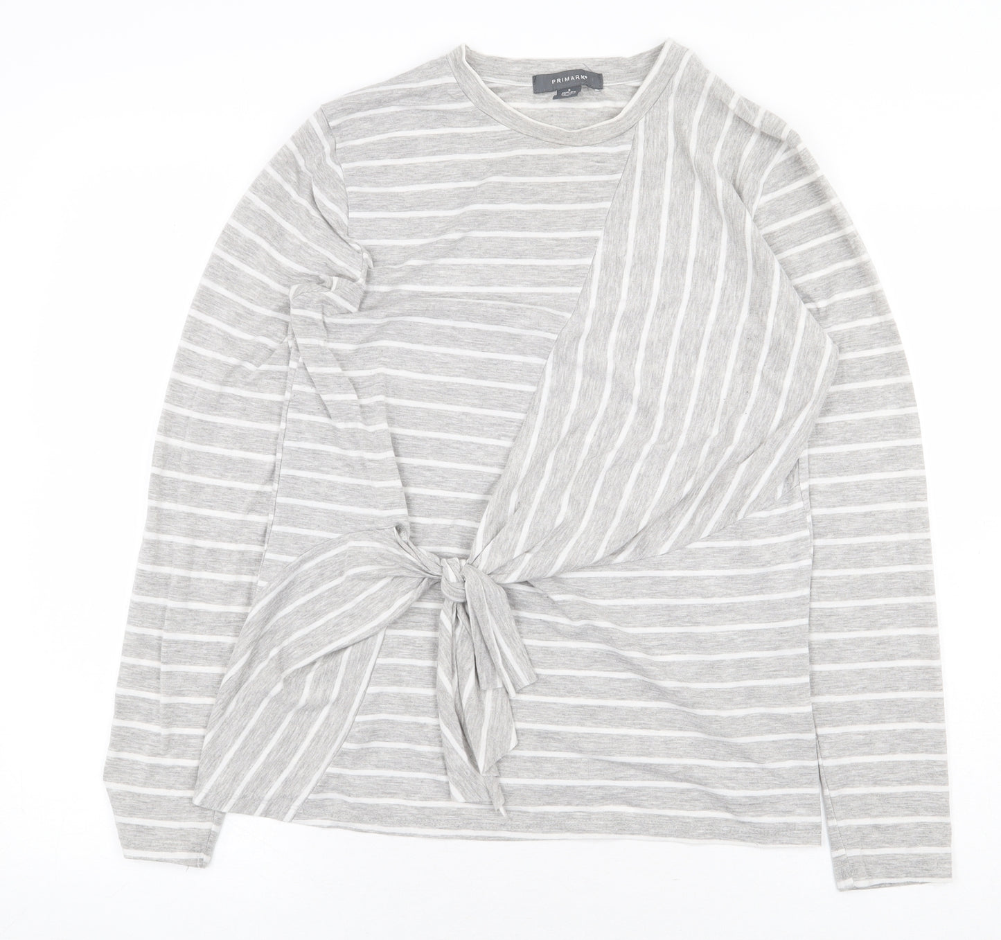 Primark Womens Grey Striped Polyester Basic T-Shirt Size S Round Neck - Tie Front