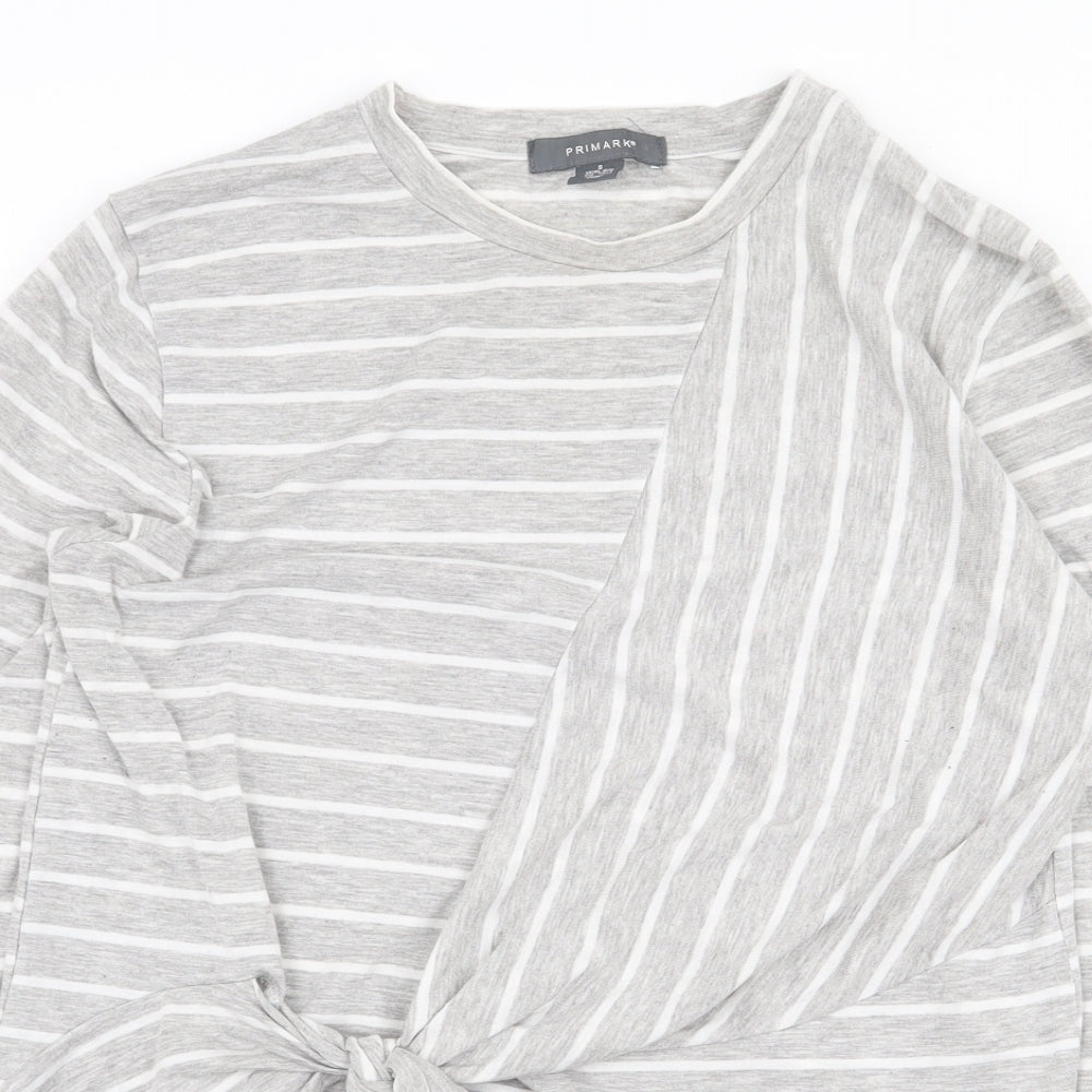 Primark Womens Grey Striped Polyester Basic T-Shirt Size S Round Neck - Tie Front