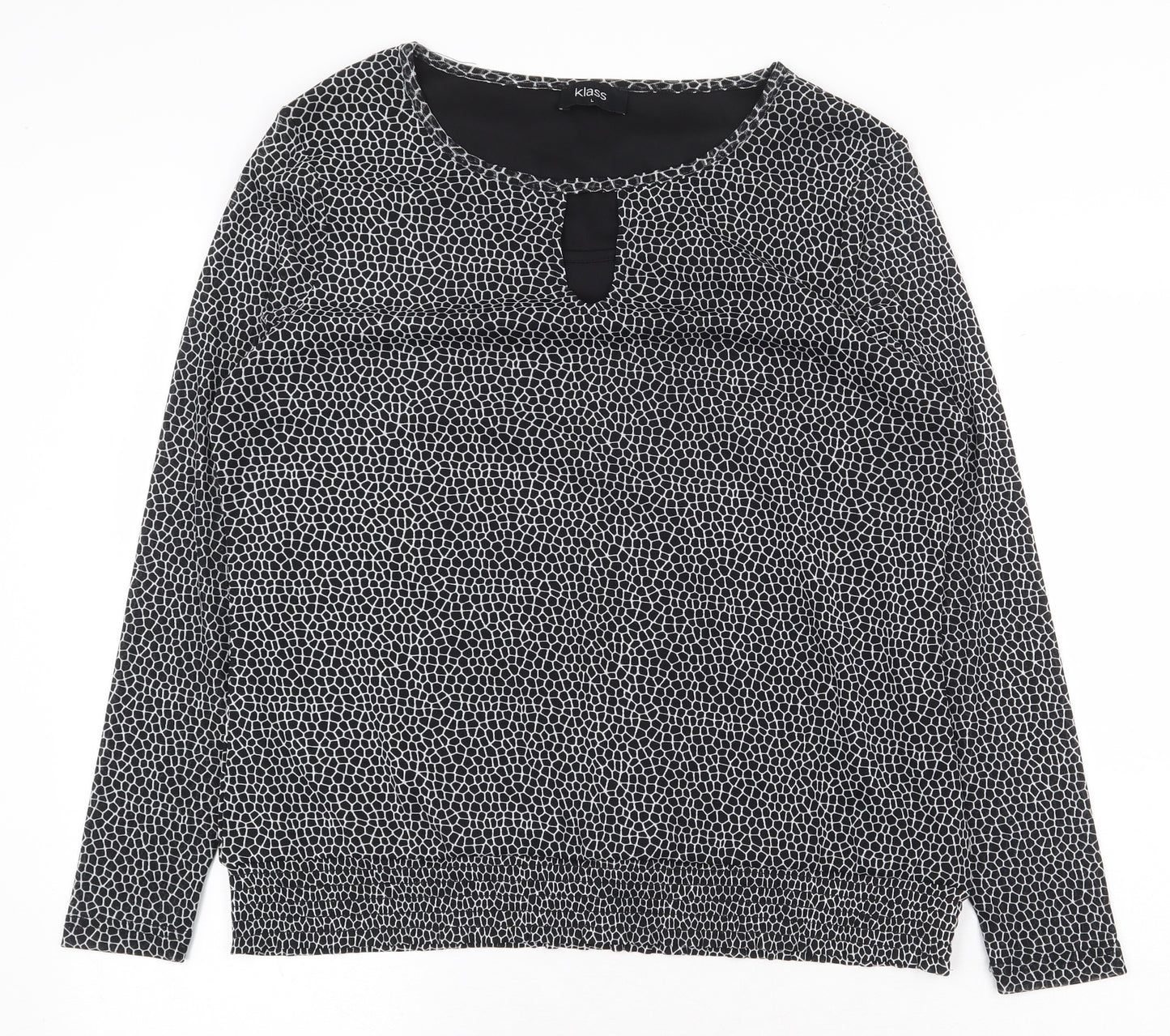 Klass Womens Black Geometric Polyester Basic Blouse Size L Boat Neck - Chest cut out