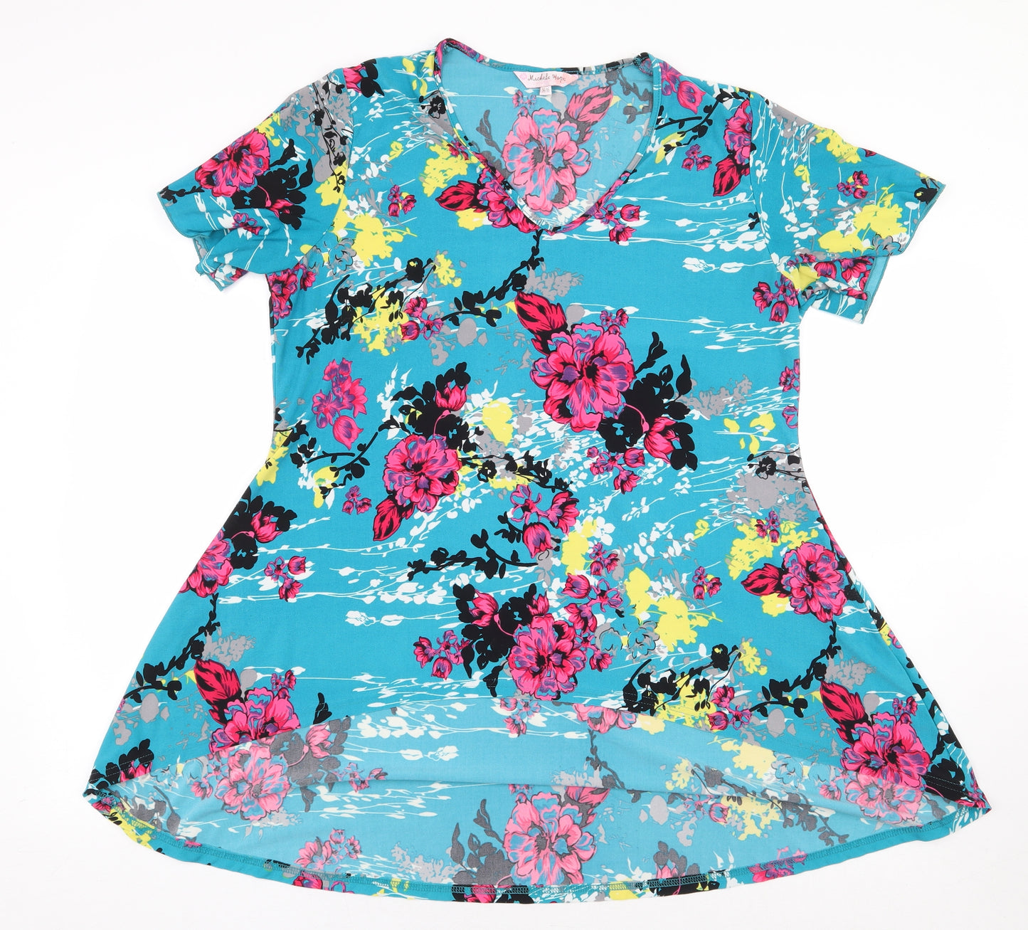 Michele Hope Womens Green Floral Polyester Basic Blouse Size 14 V-Neck - Long back length