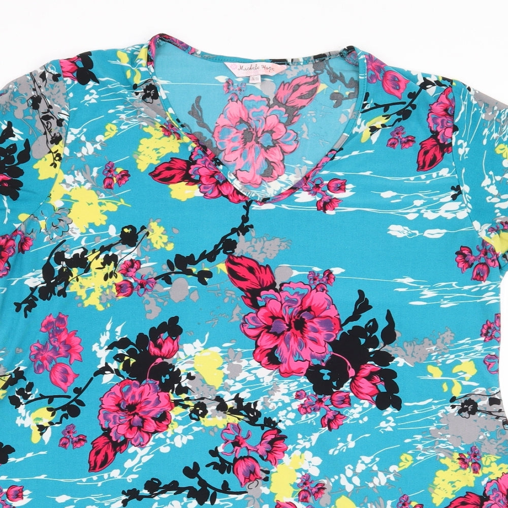 Michele Hope Womens Green Floral Polyester Basic Blouse Size 14 V-Neck - Long back length