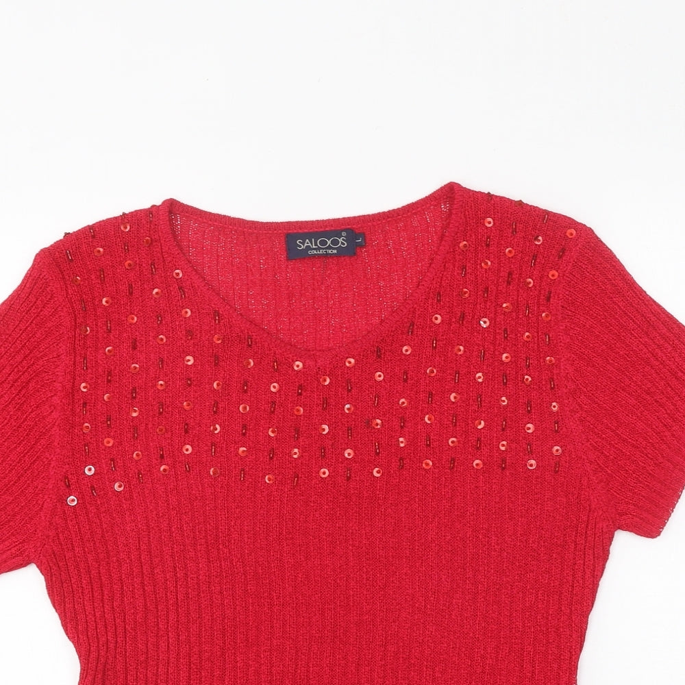 Saloos Womens Pink Polyester Basic T-Shirt Size L Round Neck