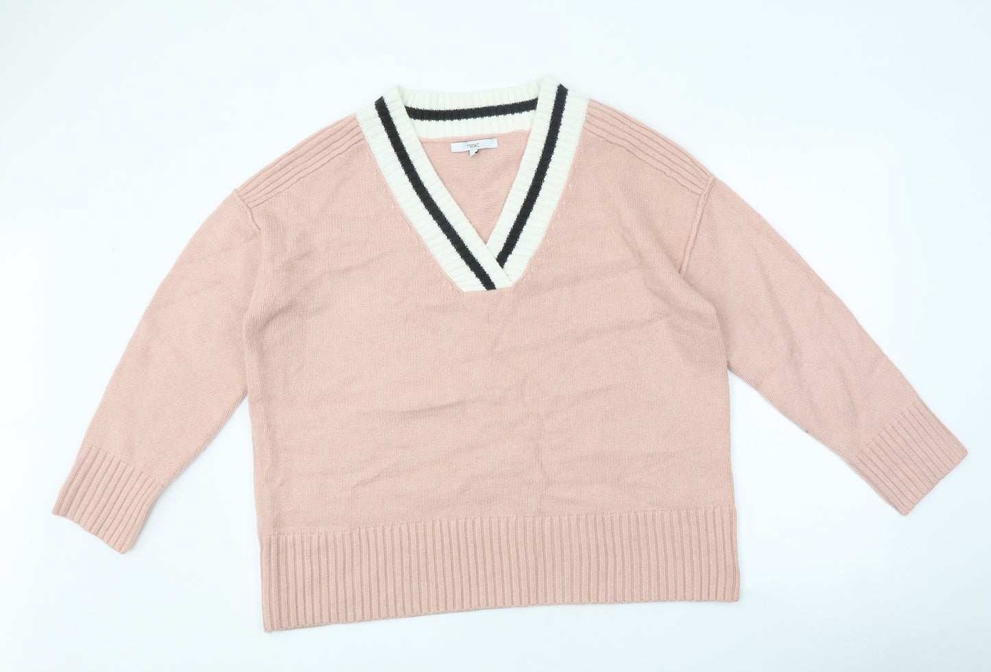 NEXT Womens Pink V-Neck Polyester Pullover Jumper Size L