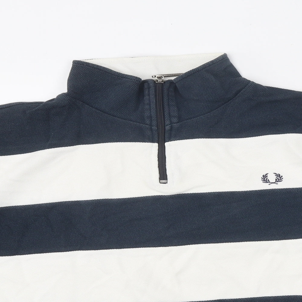 Fred Perry Mens Blue High Neck Striped Polyester Pullover Jumper Size XL