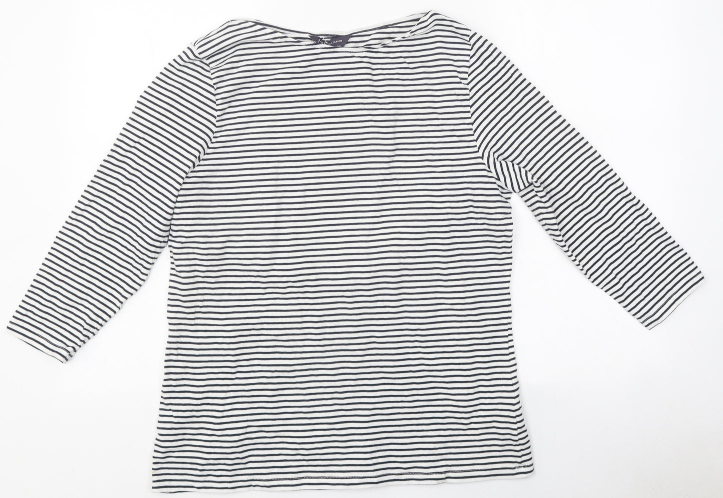 Marks and Spencer Womens White Striped Polyester Basic T-Shirt Size 16 Round Neck