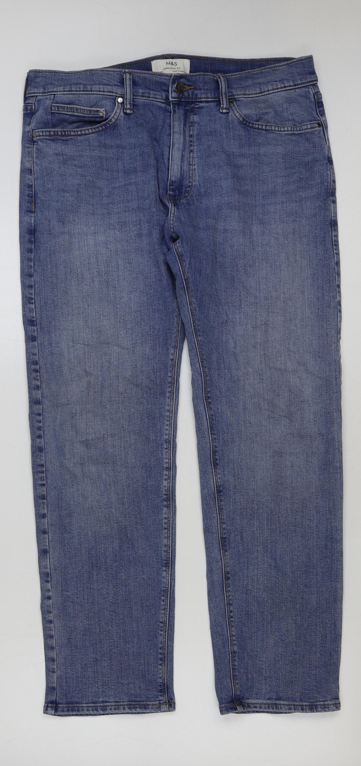 Marks and Spencer Mens Blue Cotton Straight Jeans Size 34 in L31 in Regular Button