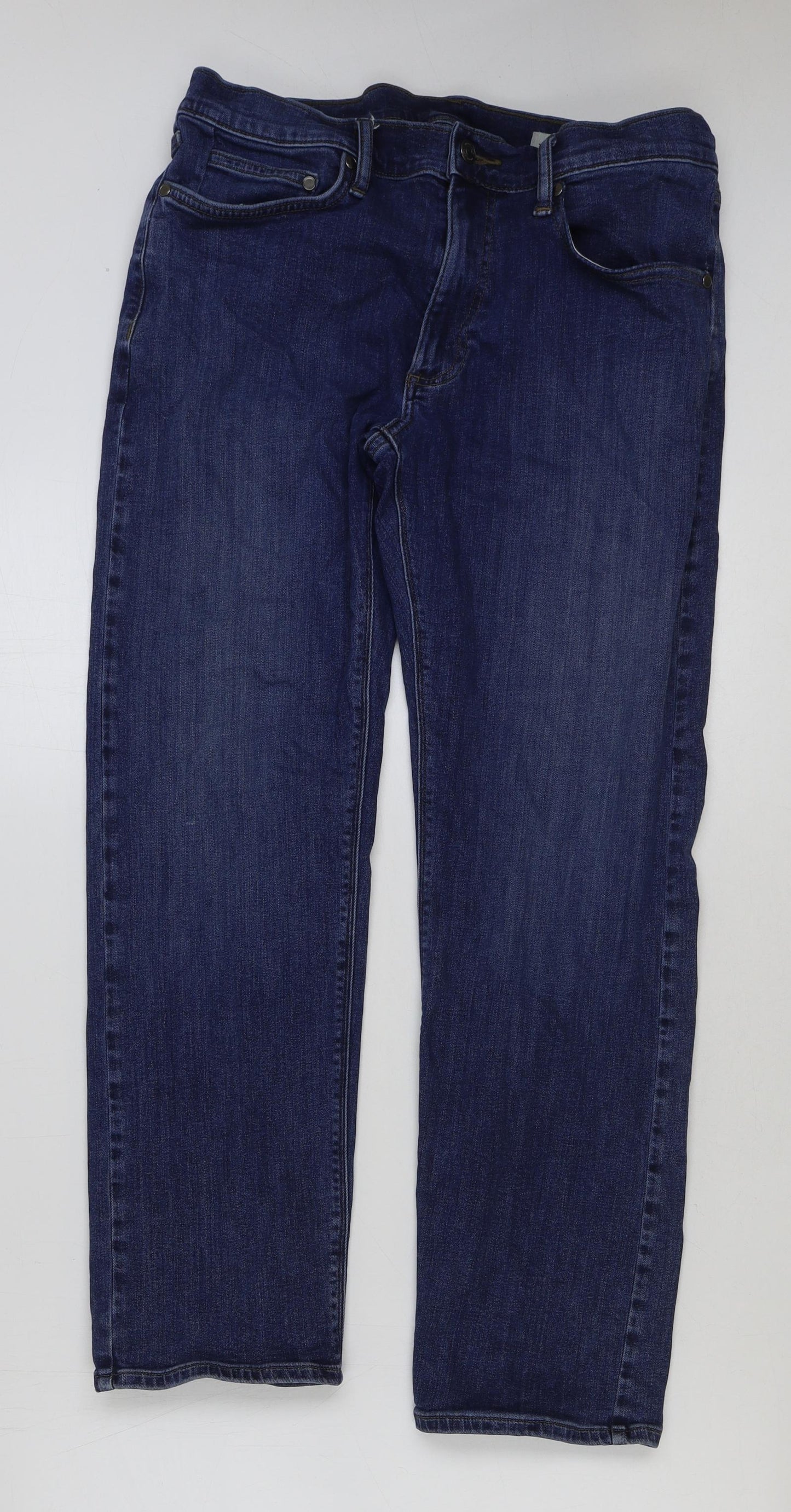 Marks and Spencer Mens Blue Cotton Straight Jeans Size 34 in L29 in Regular Button