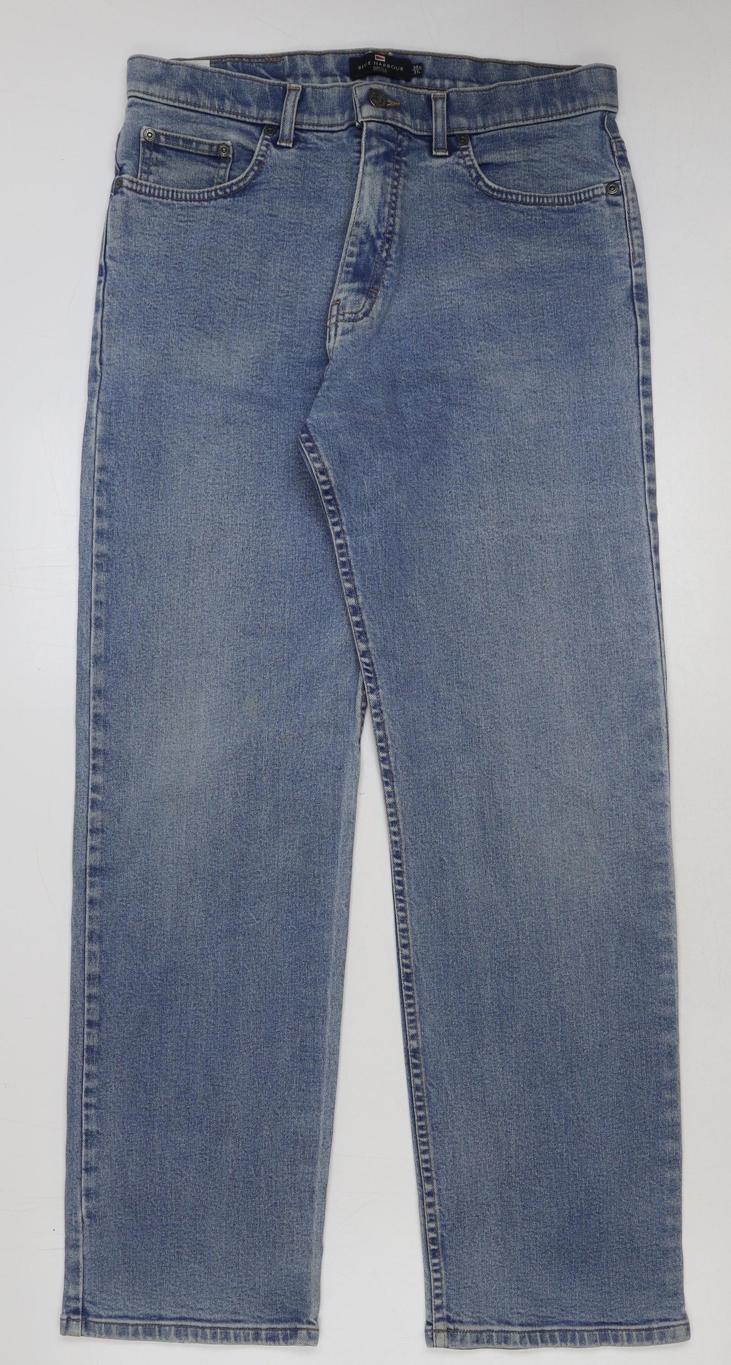 Blue Harbour Mens Blue Cotton Straight Jeans Size 34 in L31 in Regular Button