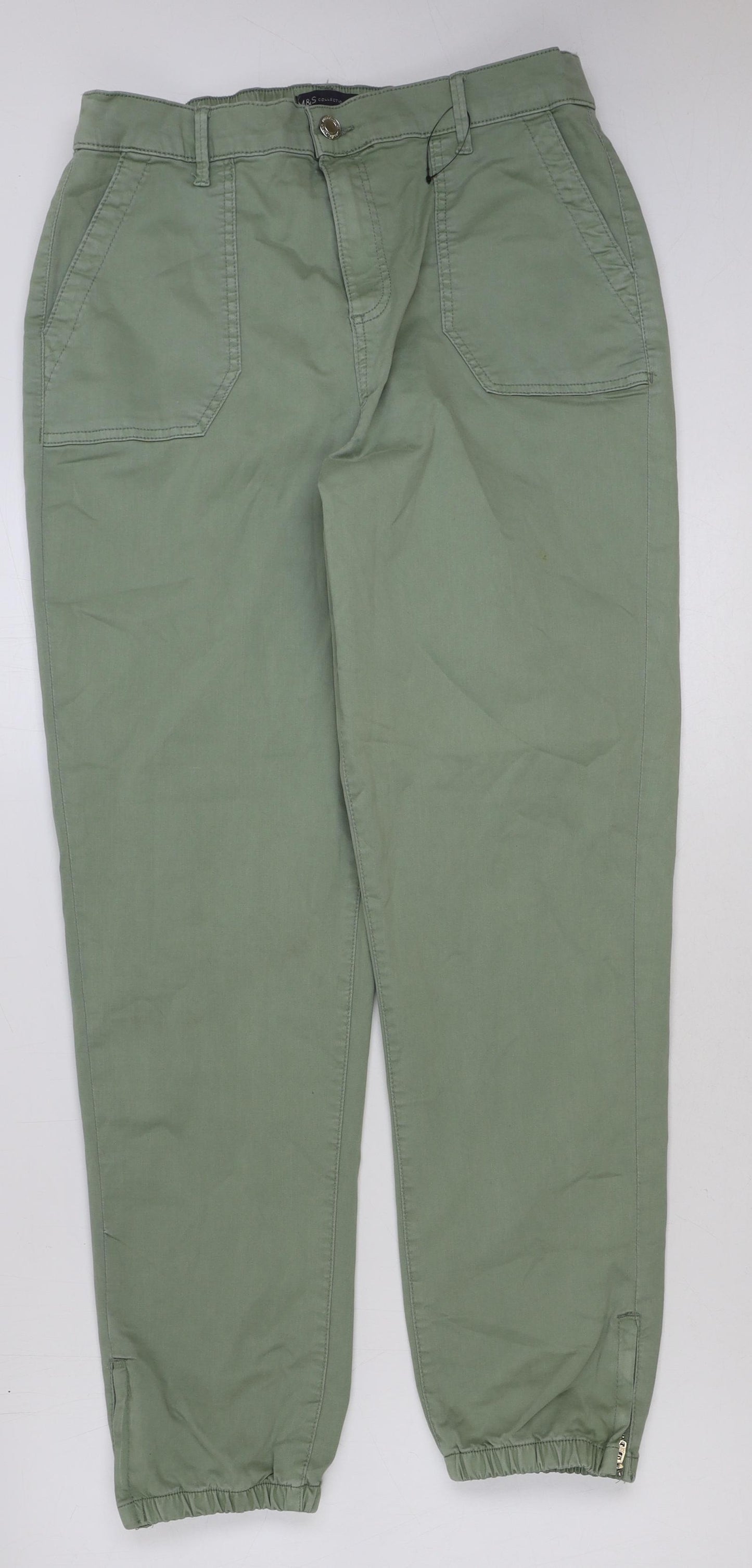 Marks and Spencer Womens Green Cotton Trousers Size 14 L30 in Regular Button