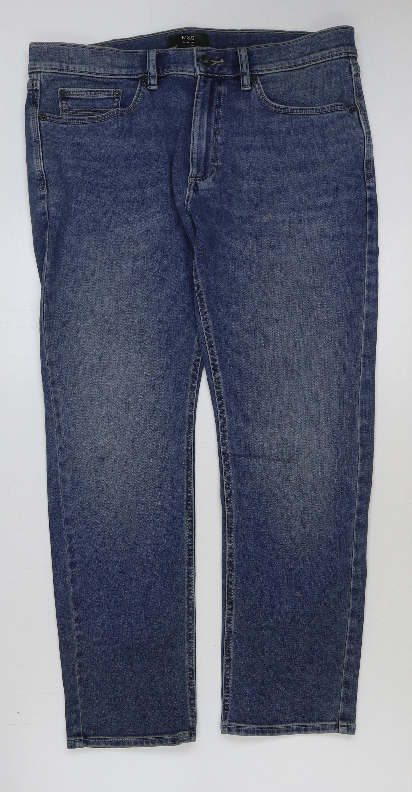 Marks and Spencer Mens Blue Cotton Straight Jeans Size 34 in L29 in Regular Button