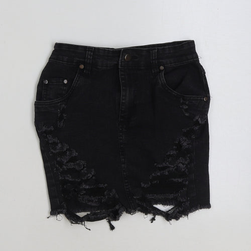 PRETTYLITTLETHING Womens Black Cotton Mini Skirt Size 6 Button
