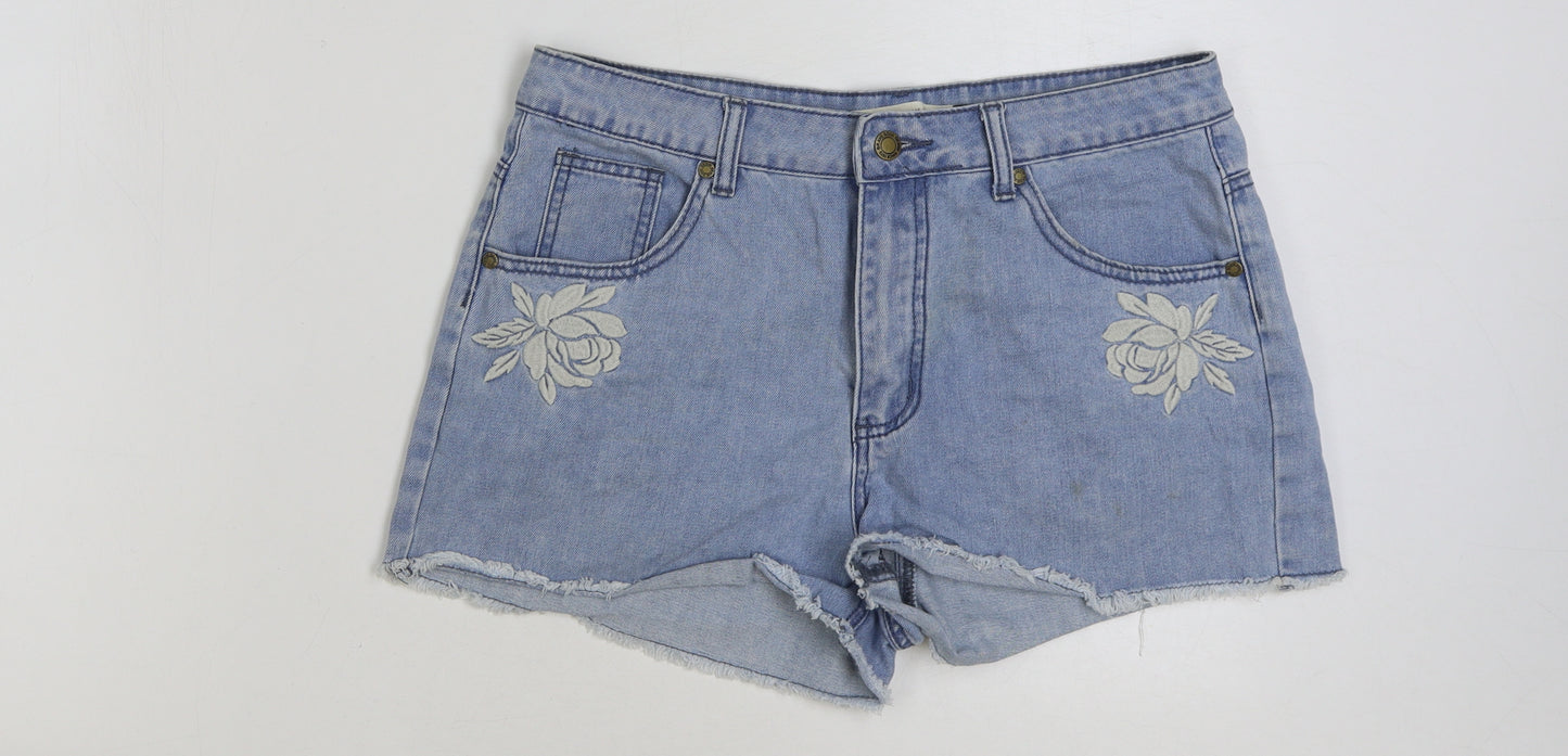 Brave Soul Womens Blue Floral Cotton Hot Pants Shorts Size 14 Regular Button