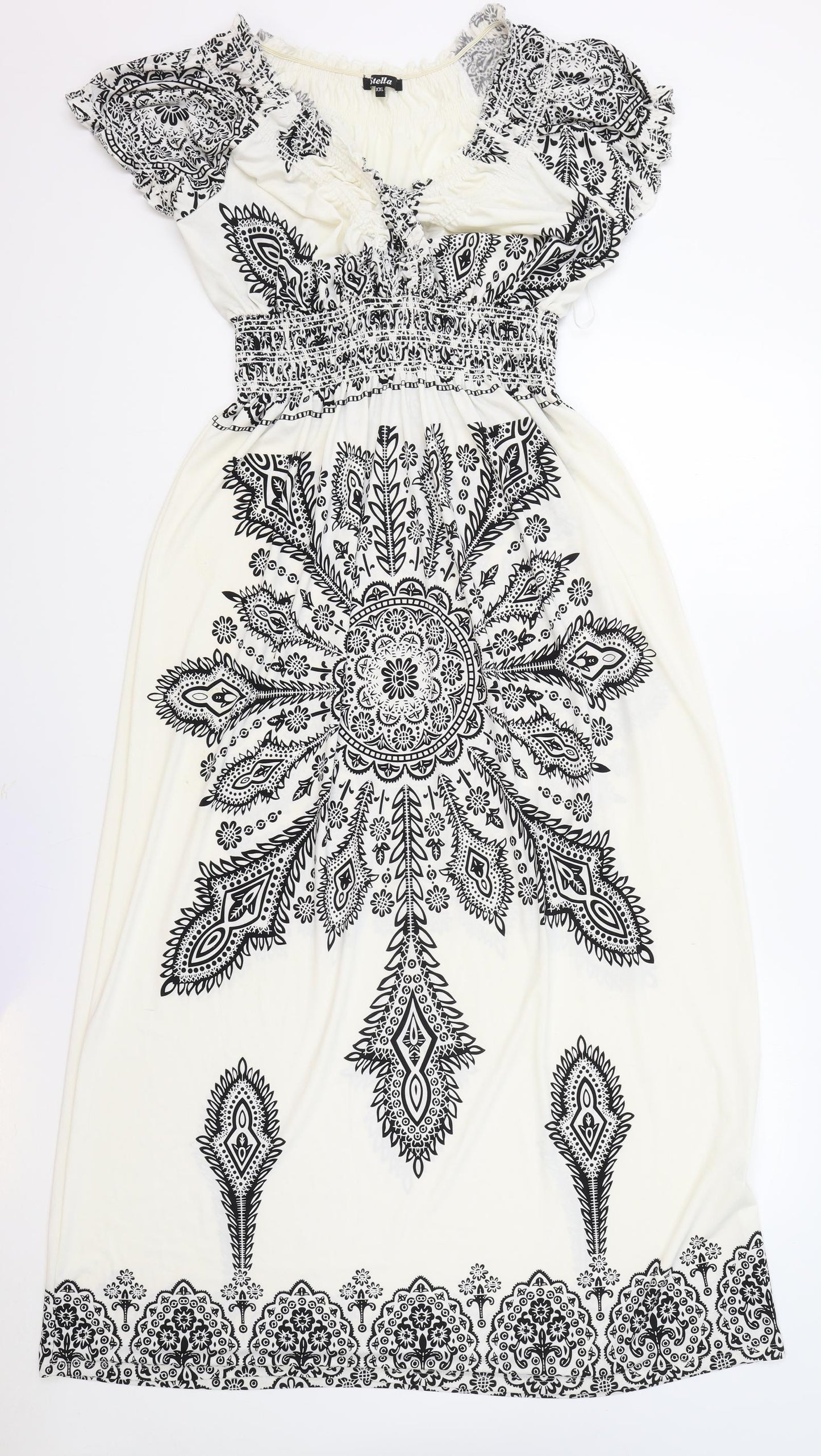 Stella Womens White Paisley Polyester Fit & Flare Size 2XL V-Neck Pullover - Elasticated Waist