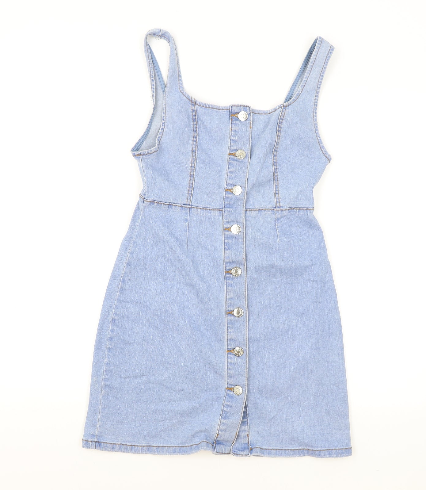 Primark Womens Blue Cotton Pinafore/Dungaree Dress Size 8 Square Neck Button