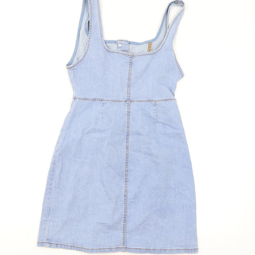 Primark Womens Blue Cotton Pinafore/Dungaree Dress Size 8 Square Neck Button