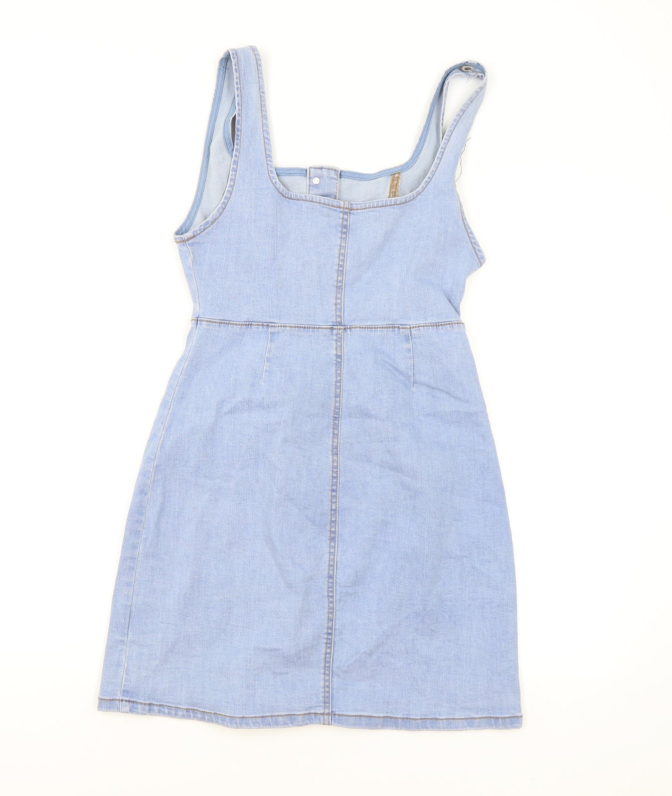 Primark Womens Blue Cotton Pinafore/Dungaree Dress Size 8 Square Neck Button