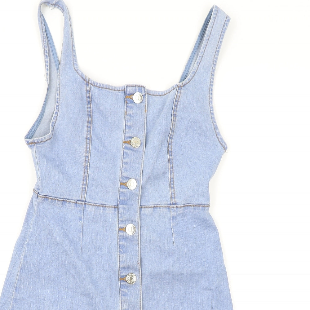 Primark Womens Blue Cotton Pinafore/Dungaree Dress Size 8 Square Neck Button