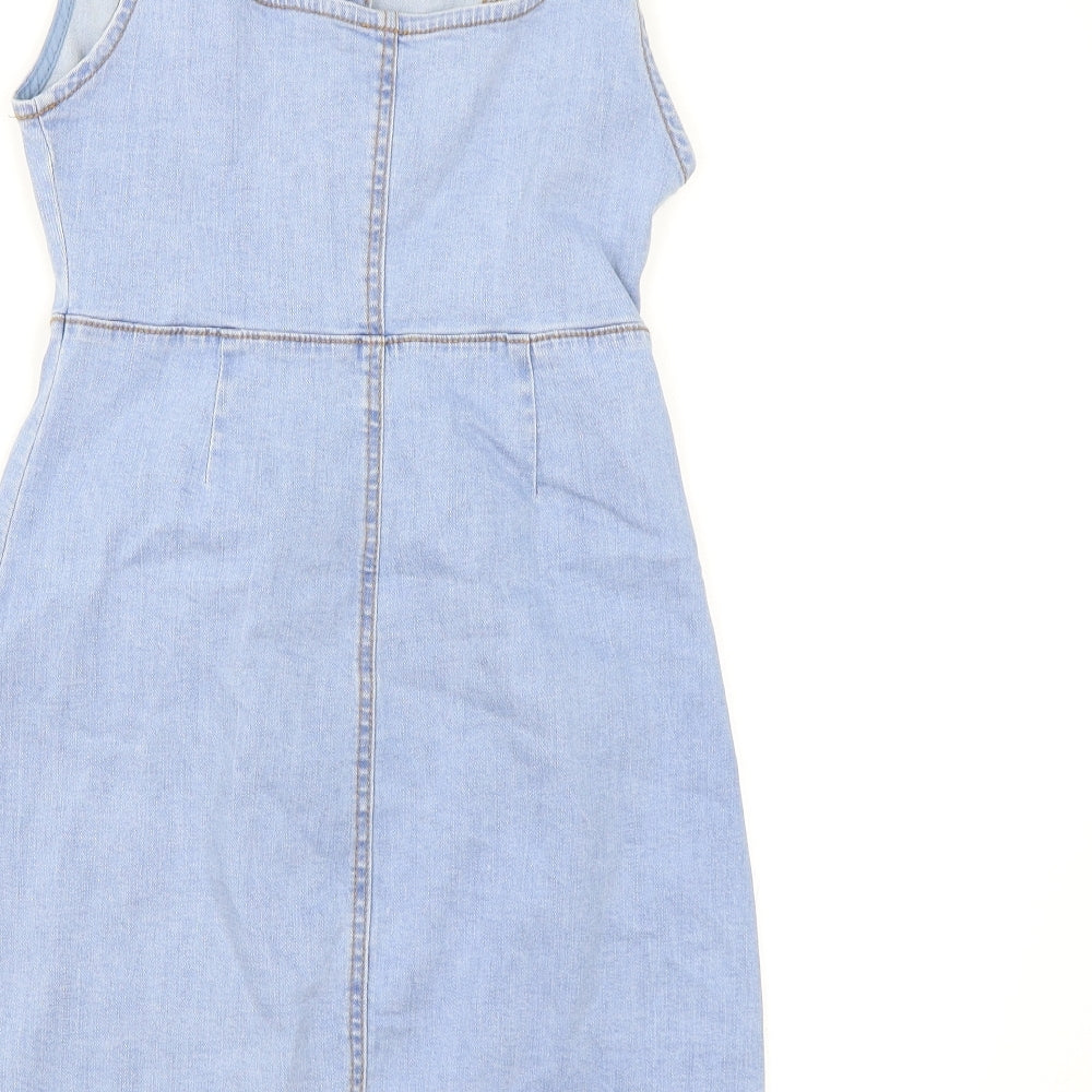 Primark Womens Blue Cotton Pinafore/Dungaree Dress Size 8 Square Neck Button