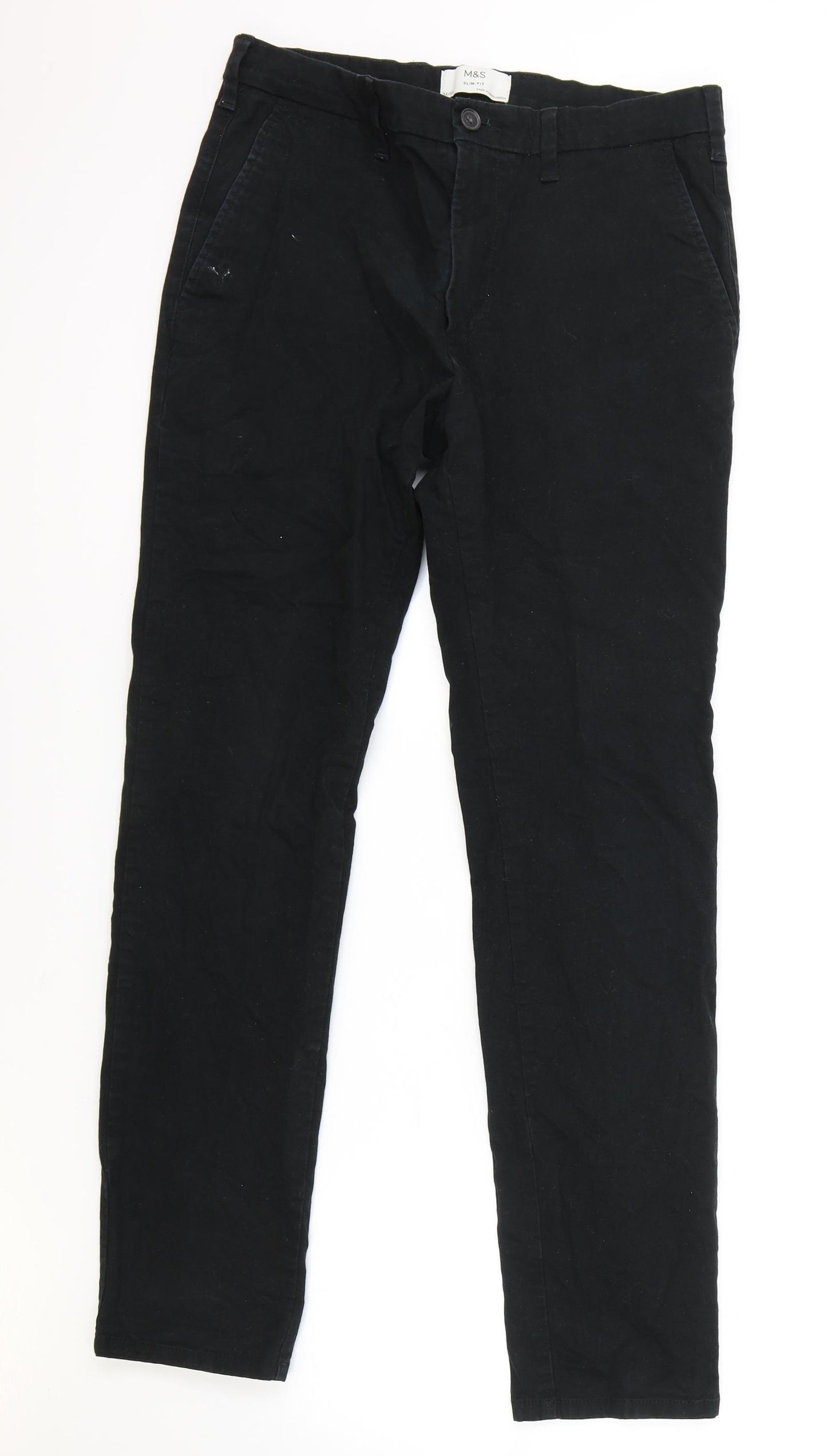 Marks and Spencer Mens Black Cotton Chino Trousers Size 32 in L33 in Regular Button