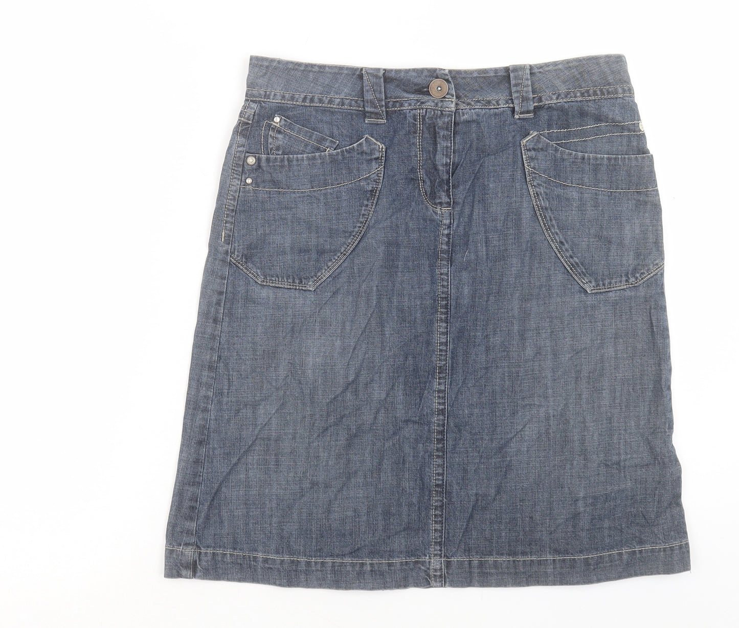 Marks and Spencer Womens Blue Cotton A-Line Skirt Size 8 Button
